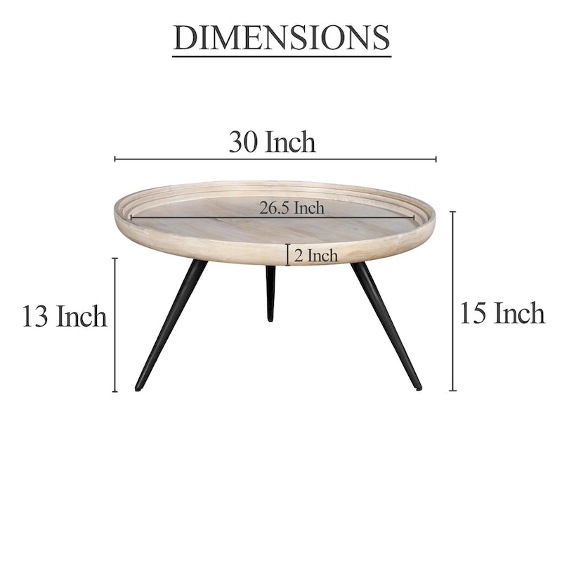 30" Round Tray Top Coffee Table, Handcrafted Washed White Mango Wood
