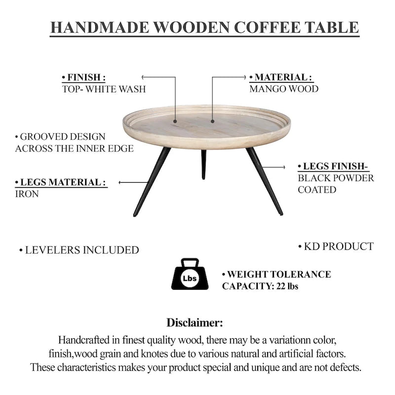 30" Round Tray Top Coffee Table, Handcrafted Washed White Mango Wood