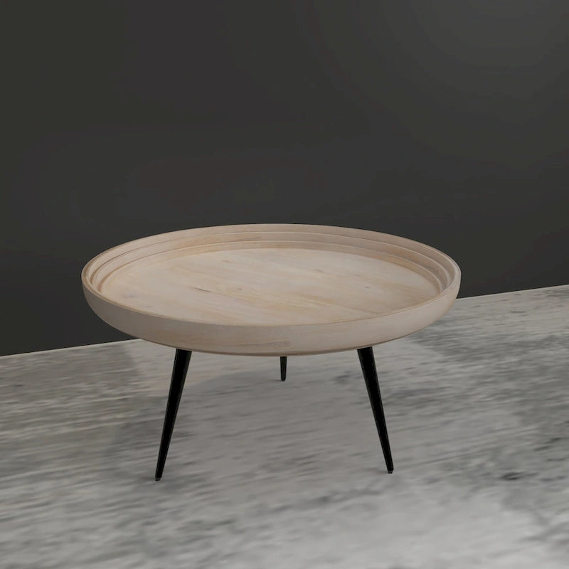 30" Round Tray Top Coffee Table, Handcrafted Washed White Mango Wood