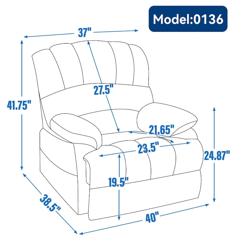Oversized Manual Recliner Upholstered Fabric Lounge Chair Adjustable Living Room Single Sofa with Side Lever Control