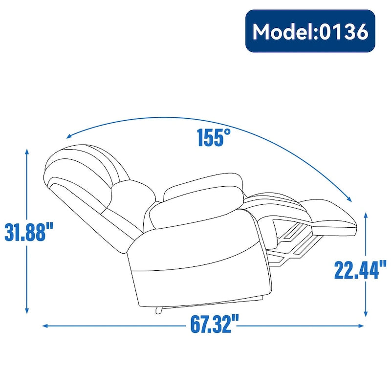 Oversized Manual Recliner Upholstered Fabric Lounge Chair Adjustable Living Room Single Sofa with Side Lever Control