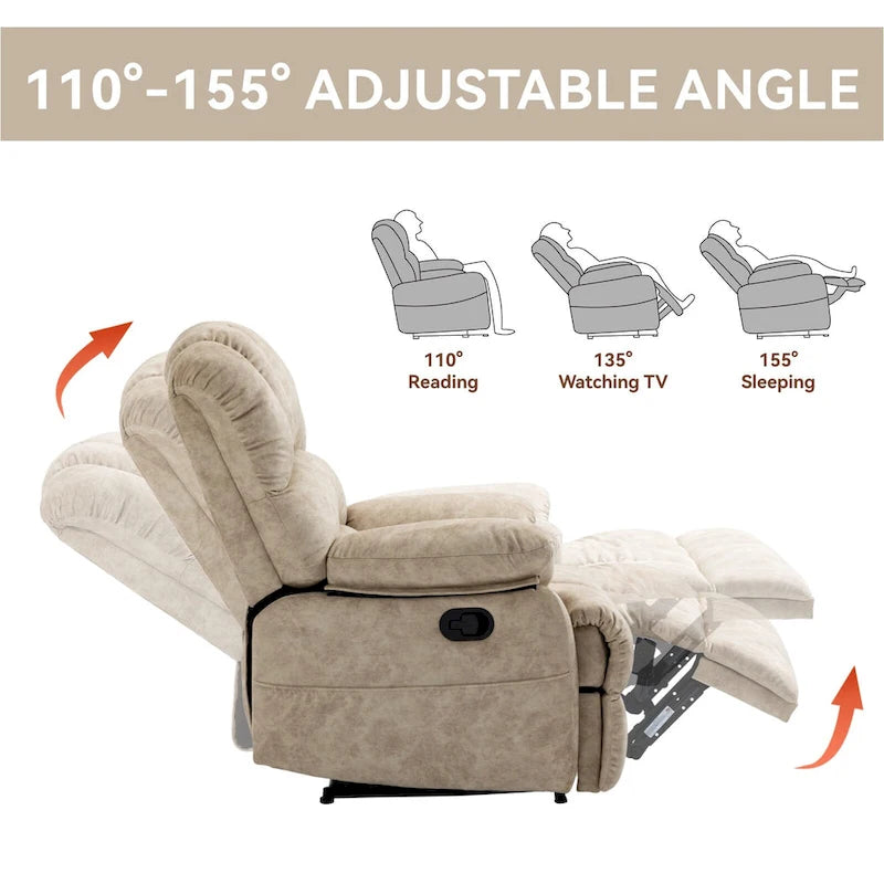 Oversized Manual Recliner Upholstered Fabric Lounge Chair Adjustable Living Room Single Sofa with Side Lever Control