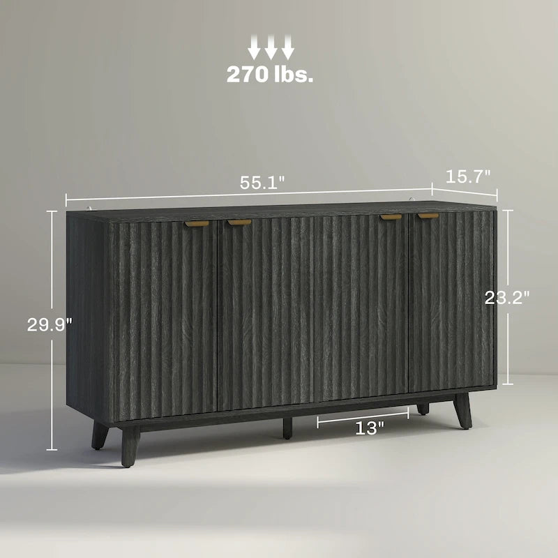 Fluted Sideboard Buffet Cabinet 55-inch with 4 Doors, 2 Adjustable Shelves and 5 Wood Legs