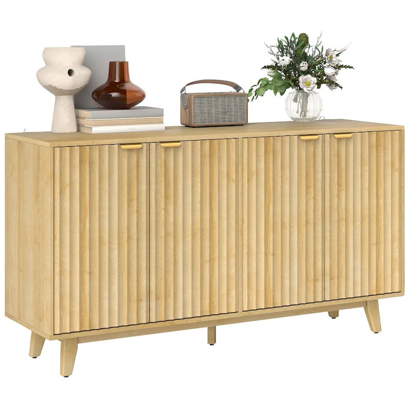 Fluted Sideboard Buffet Cabinet 55-inch with 4 Doors, 2 Adjustable Shelves and 5 Wood Legs