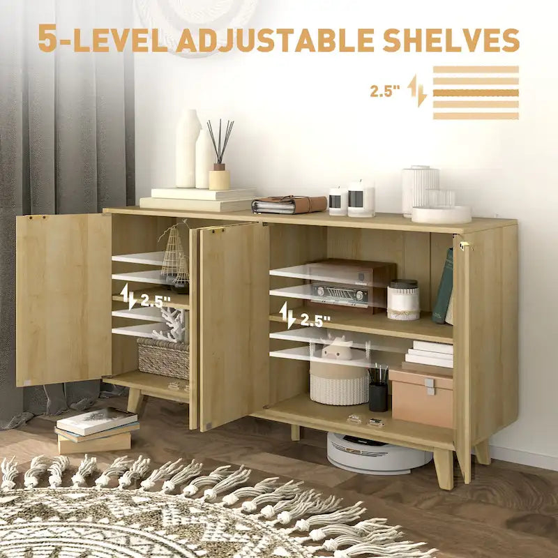 Fluted Sideboard Buffet Cabinet 55-inch with 4 Doors, 2 Adjustable Shelves and 5 Wood Legs
