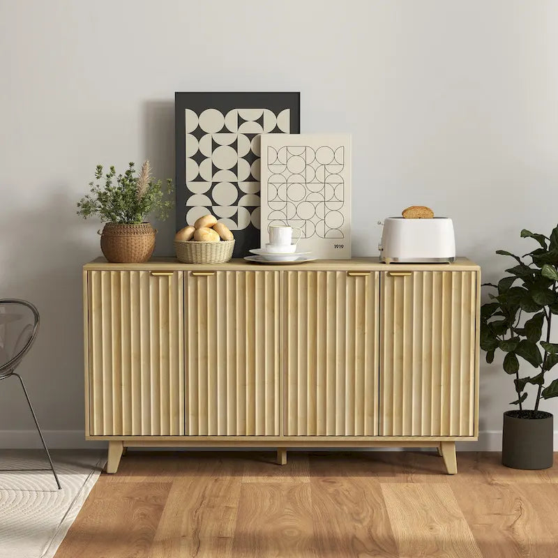 Fluted Sideboard Buffet Cabinet 55-inch with 4 Doors, 2 Adjustable Shelves and 5 Wood Legs