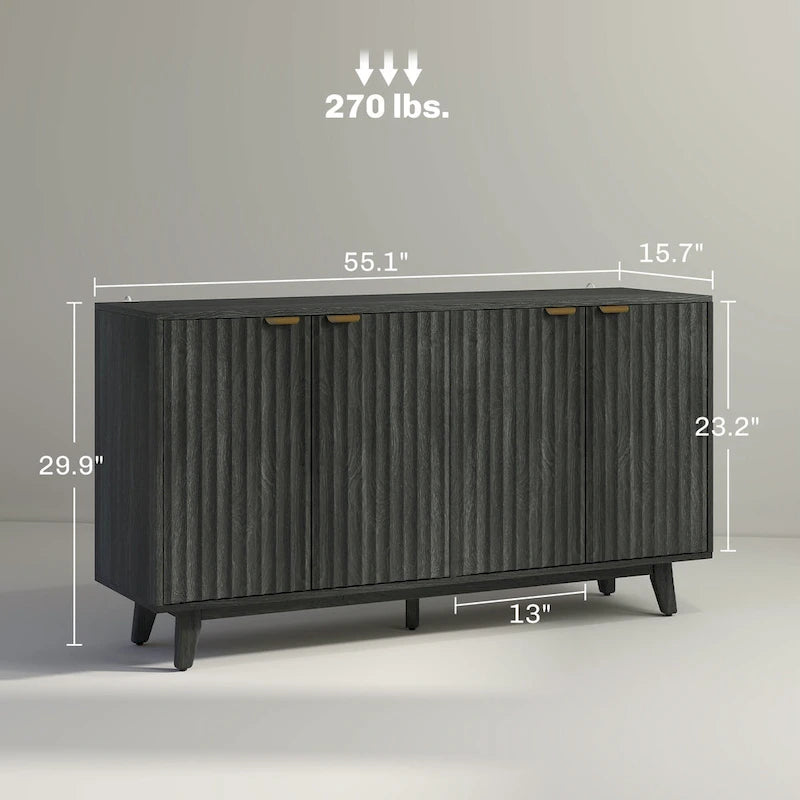 Fluted Sideboard Buffet Cabinet 55-inch with 4 Doors, 2 Adjustable Shelves and 5 Wood Legs