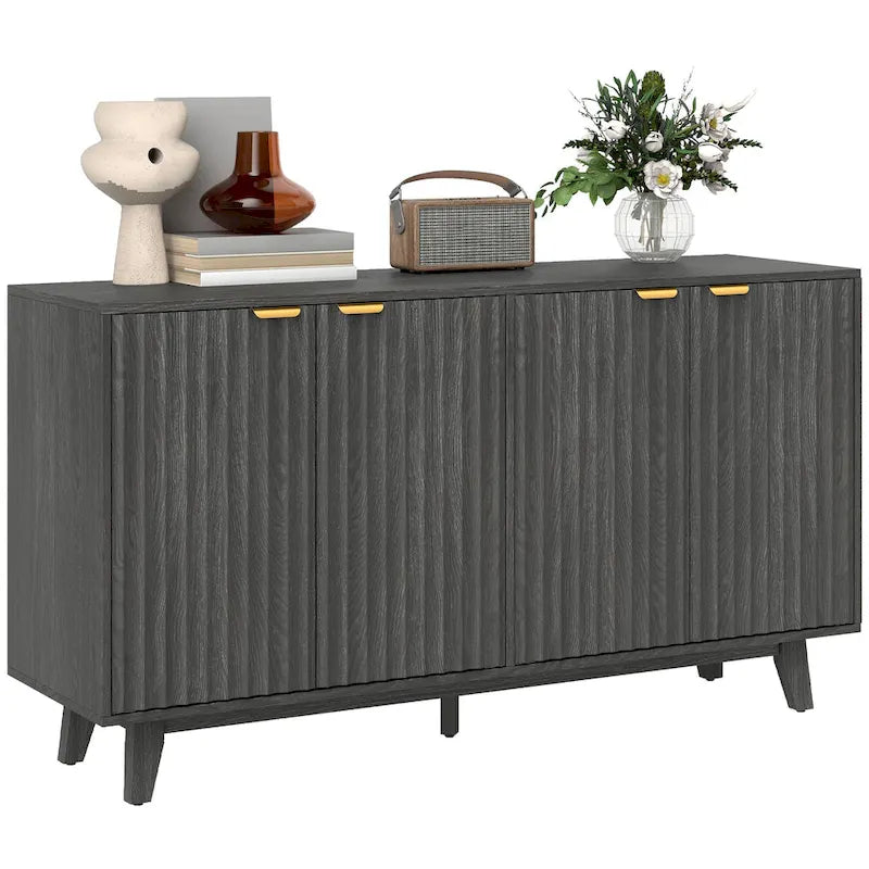 Fluted Sideboard Buffet Cabinet 55-inch with 4 Doors, 2 Adjustable Shelves and 5 Wood Legs