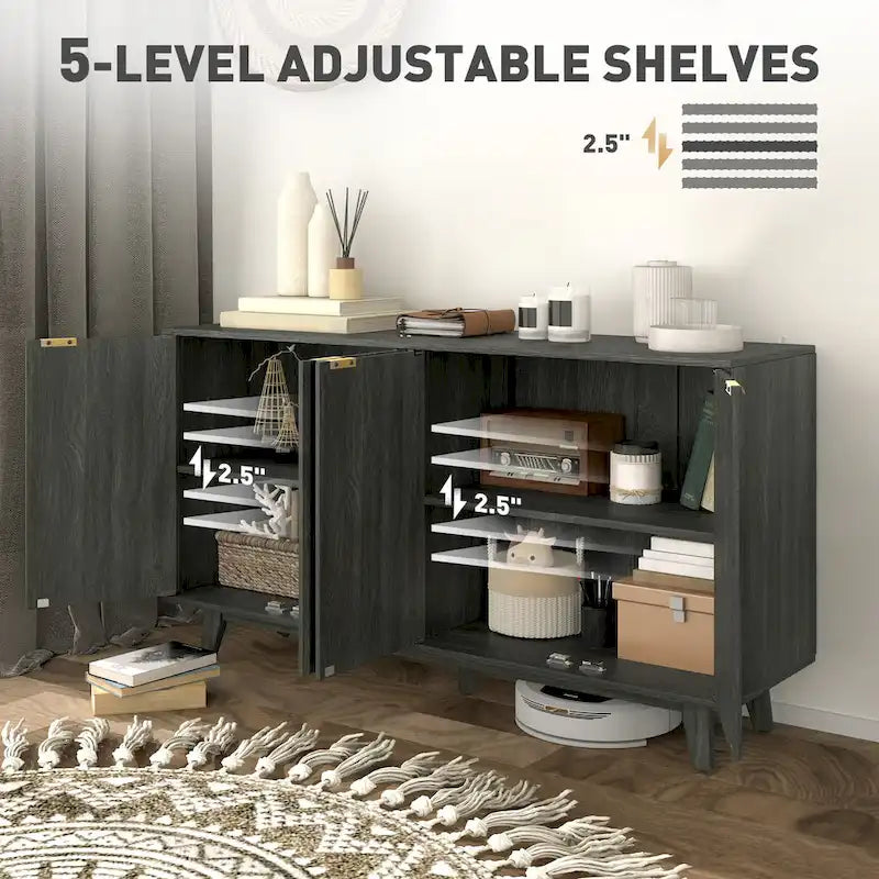 Fluted Sideboard Buffet Cabinet 55-inch with 4 Doors, 2 Adjustable Shelves and 5 Wood Legs