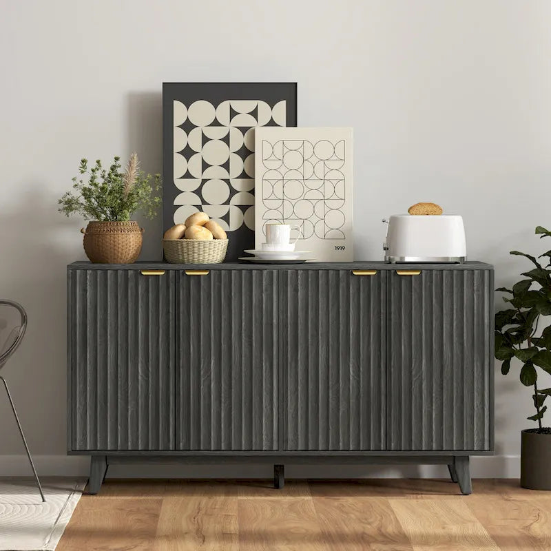 Fluted Sideboard Buffet Cabinet 55-inch with 4 Doors, 2 Adjustable Shelves and 5 Wood Legs