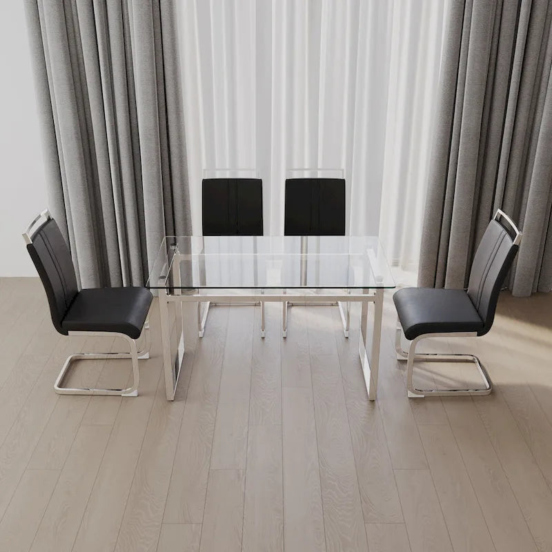 Modern 5-Piece Dining Set with Rectangular Glass Table & High Back Silver-Plated Legs Dining Armless Chairs