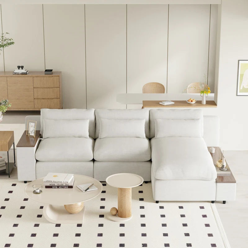 Beige 109.8" L-Shaped 3-Seat Sofa with Storage Compartments