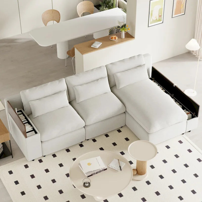 Beige 109.8" L-Shaped 3-Seat Sofa with Storage Compartments
