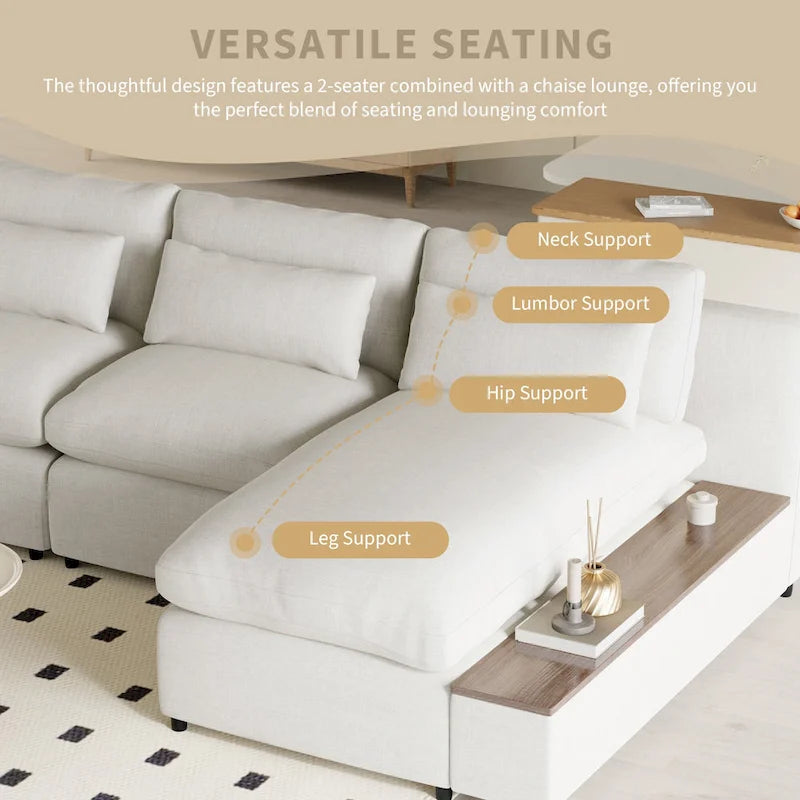 Beige 109.8" L-Shaped 3-Seat Sofa with Storage Compartments