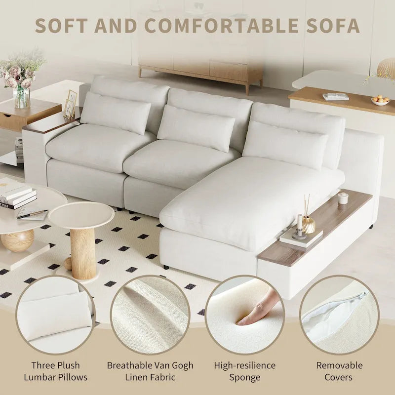 Beige 109.8" L-Shaped 3-Seat Sofa with Storage Compartments