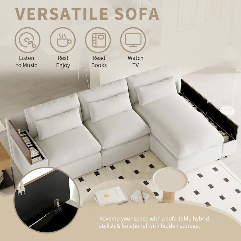 Beige 109.8" L-Shaped 3-Seat Sofa with Storage Compartments