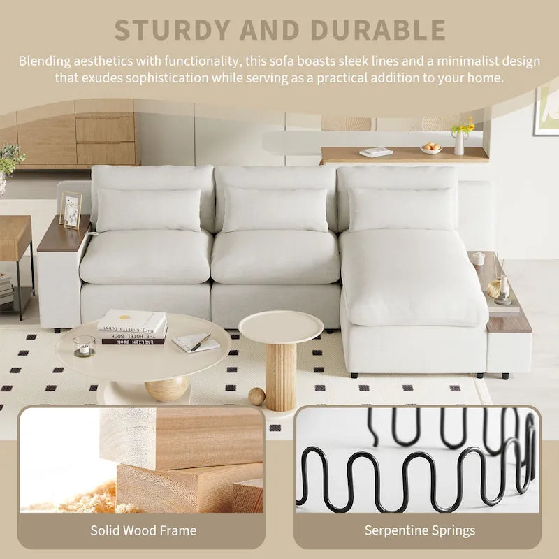 Beige 109.8" L-Shaped 3-Seat Sofa with Storage Compartments