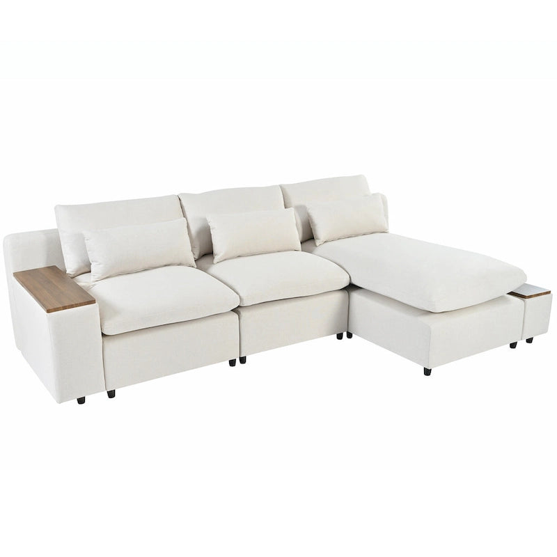 Beige 109.8" L-Shaped 3-Seat Sofa with Storage Compartments
