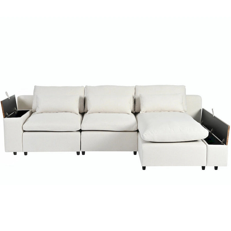 Beige 109.8" L-Shaped 3-Seat Sofa with Storage Compartments
