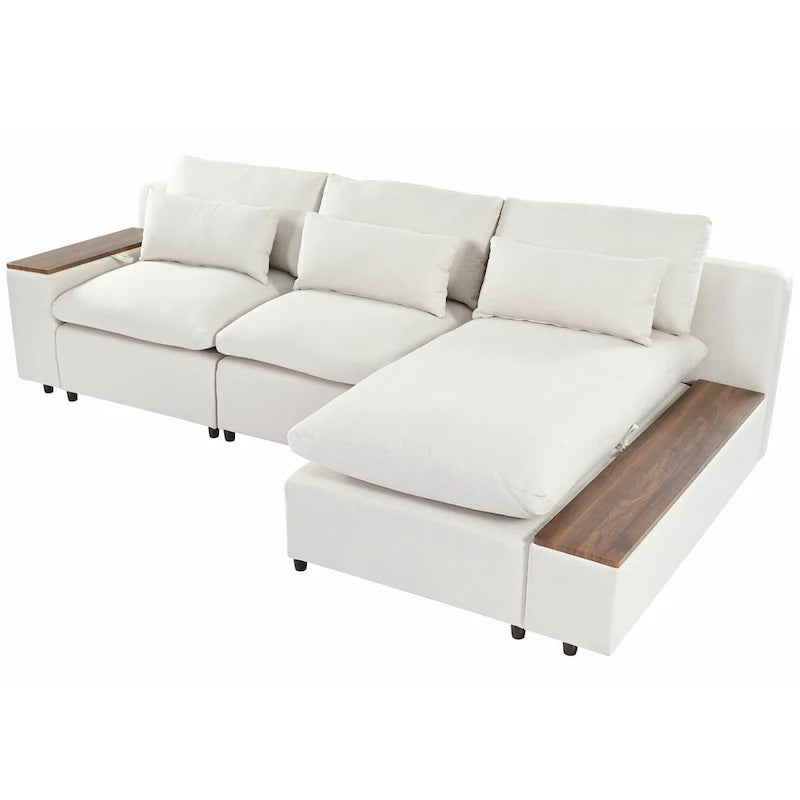 Beige 109.8" L-Shaped 3-Seat Sofa with Storage Compartments