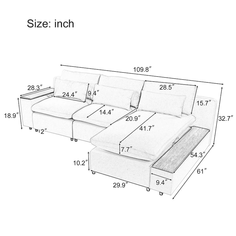 Beige 109.8" L-Shaped 3-Seat Sofa with Storage Compartments
