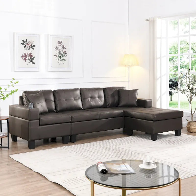 Brown 96.06" Modern L-Shaped 4-Seater Sectional Sofa with Chaise, Cup Holders & Throw Pillows