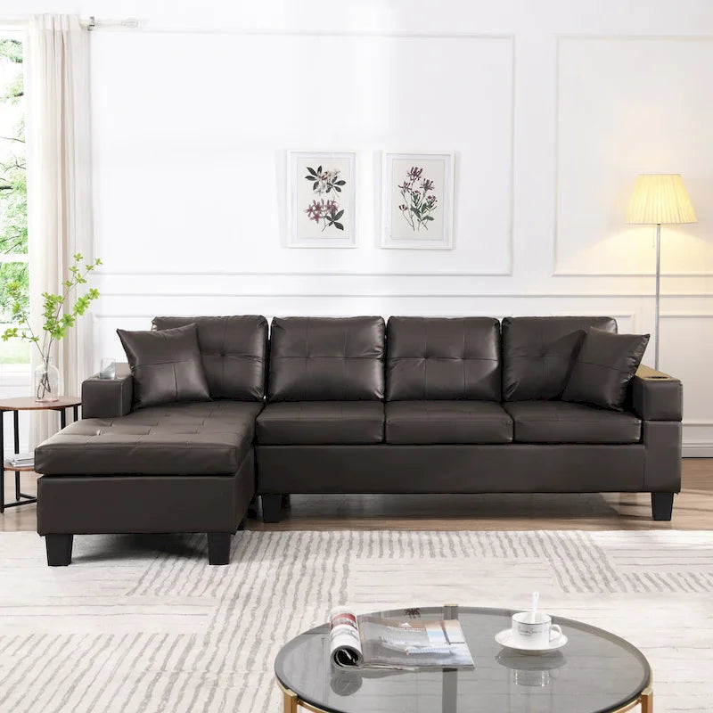 Brown 96.06" Modern L-Shaped 4-Seater Sectional Sofa with Chaise, Cup Holders & Throw Pillows