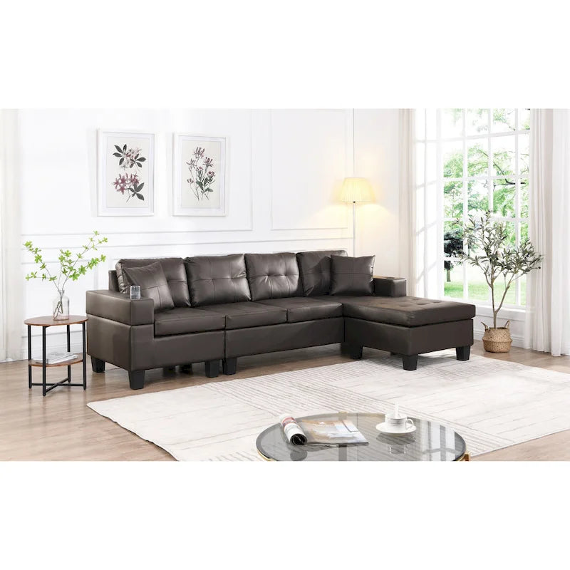 Brown 96.06" Modern L-Shaped 4-Seater Sectional Sofa with Chaise, Cup Holders & Throw Pillows