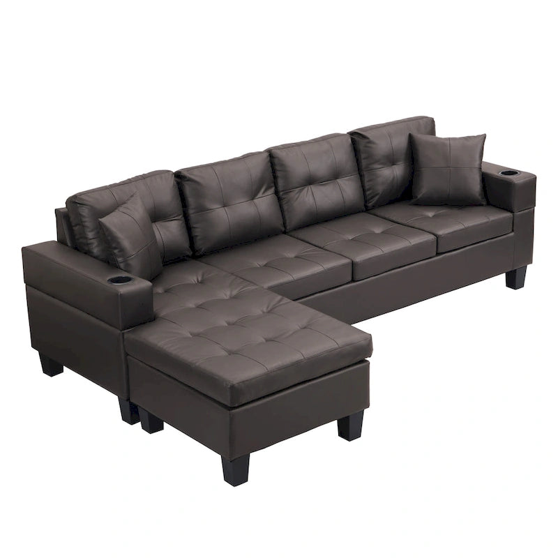 Brown 96.06" Modern L-Shaped 4-Seater Sectional Sofa with Chaise, Cup Holders & Throw Pillows
