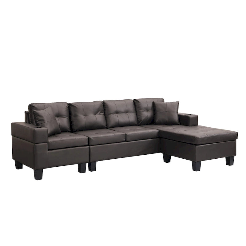 Brown 96.06" Modern L-Shaped 4-Seater Sectional Sofa with Chaise, Cup Holders & Throw Pillows