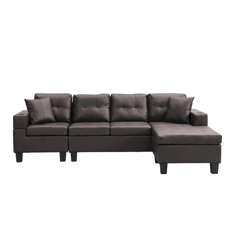 Brown 96.06" Modern L-Shaped 4-Seater Sectional Sofa with Chaise, Cup Holders & Throw Pillows