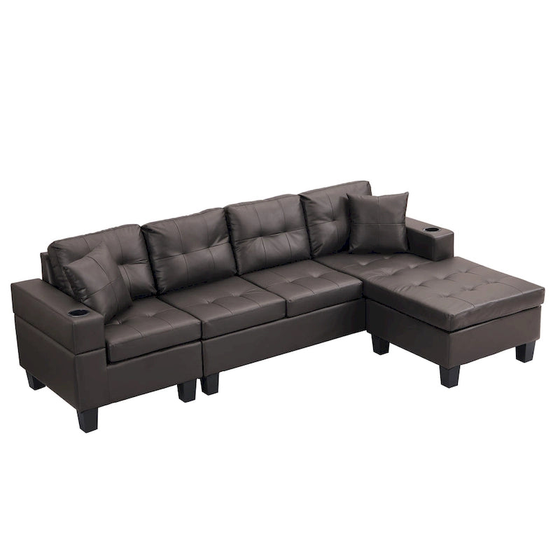 Brown 96.06" Modern L-Shaped 4-Seater Sectional Sofa with Chaise, Cup Holders & Throw Pillows