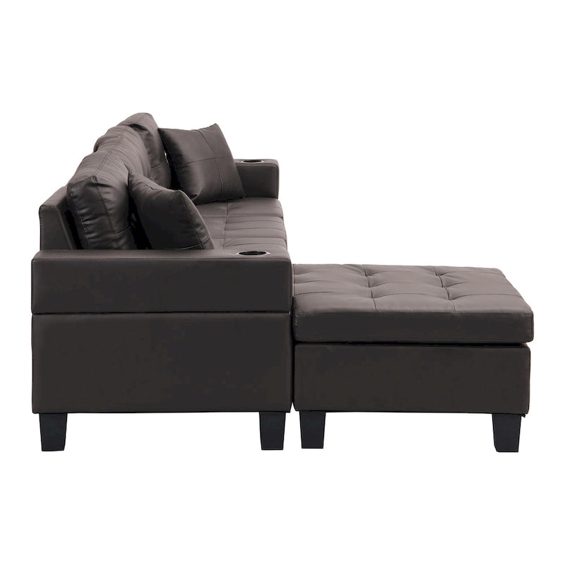 Brown 96.06" Modern L-Shaped 4-Seater Sectional Sofa with Chaise, Cup Holders & Throw Pillows