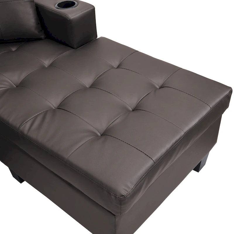 Brown 96.06" Modern L-Shaped 4-Seater Sectional Sofa with Chaise, Cup Holders & Throw Pillows