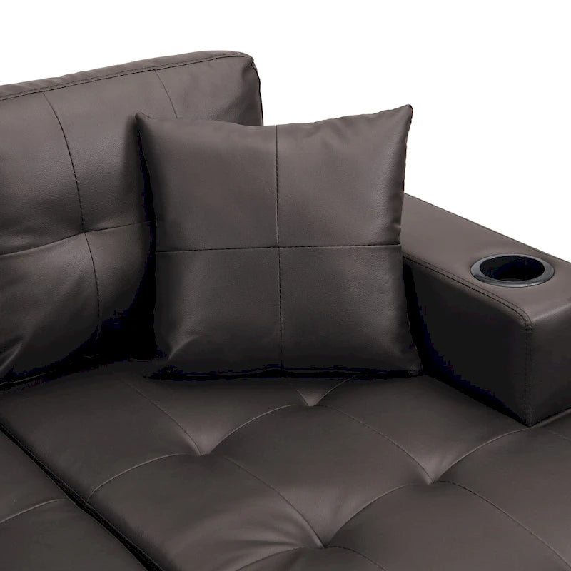 Brown 96.06" Modern L-Shaped 4-Seater Sectional Sofa with Chaise, Cup Holders & Throw Pillows
