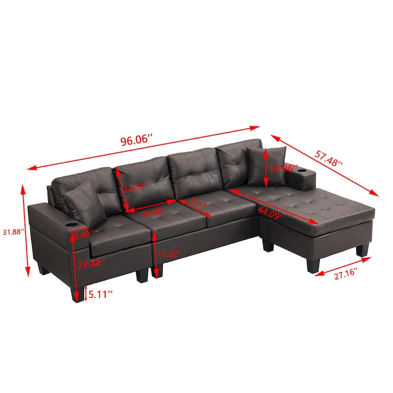 Brown 96.06" Modern L-Shaped 4-Seater Sectional Sofa with Chaise, Cup Holders & Throw Pillows