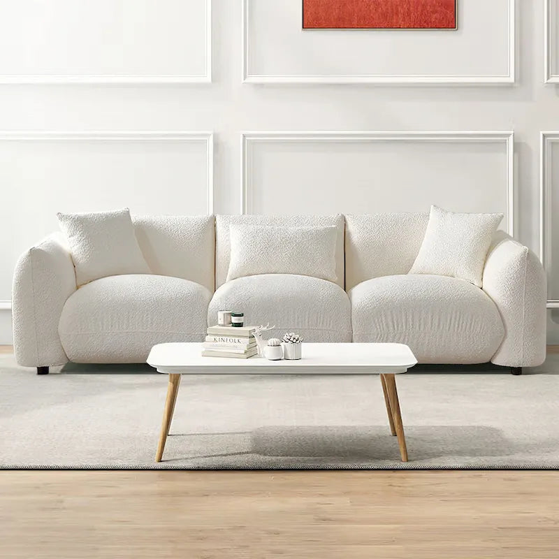 Mid Century Modern 102.36 Boucle Upholstered 3-Seater Sofa with Pillows
