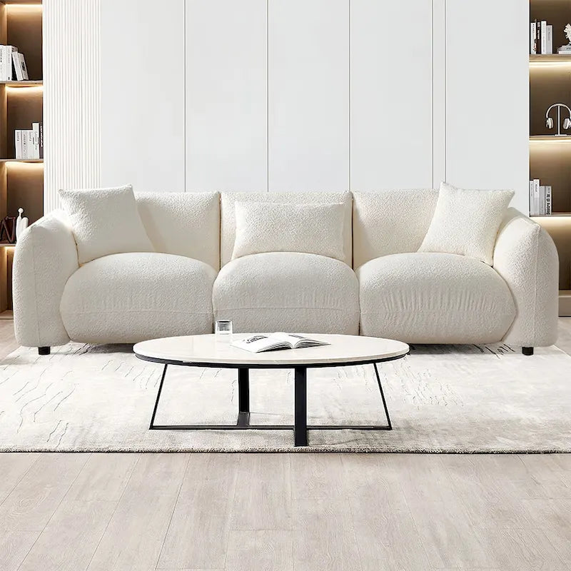 Mid Century Modern 102.36 Boucle Upholstered 3-Seater Sofa with Pillows