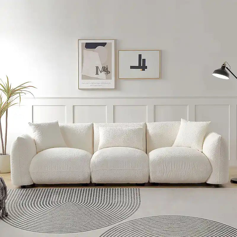 Mid Century Modern 102.36 Boucle Upholstered 3-Seater Sofa with Pillows