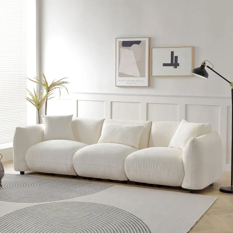 Mid Century Modern 102.36 Boucle Upholstered 3-Seater Sofa with Pillows