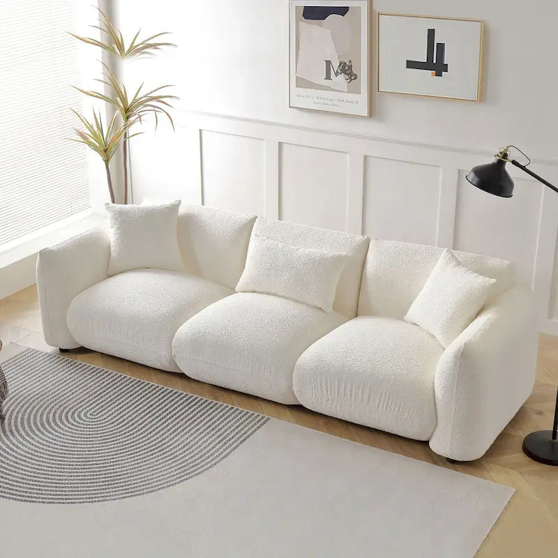 Mid Century Modern 102.36 Boucle Upholstered 3-Seater Sofa with Pillows