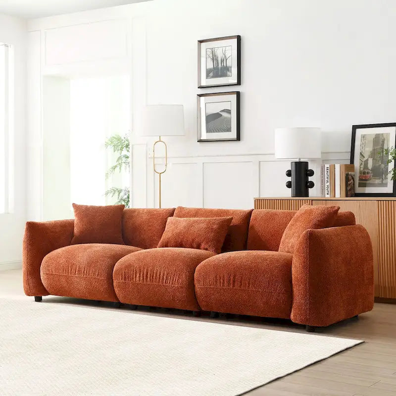 Mid Century Modern 102.36 Boucle Upholstered 3-Seater Sofa with Pillows
