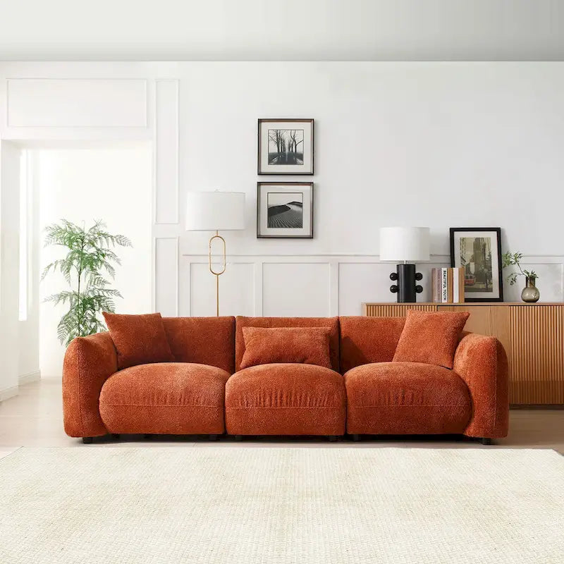Mid Century Modern 102.36 Boucle Upholstered 3-Seater Sofa with Pillows