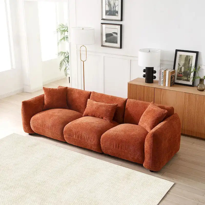 Mid Century Modern 102.36 Boucle Upholstered 3-Seater Sofa with Pillows