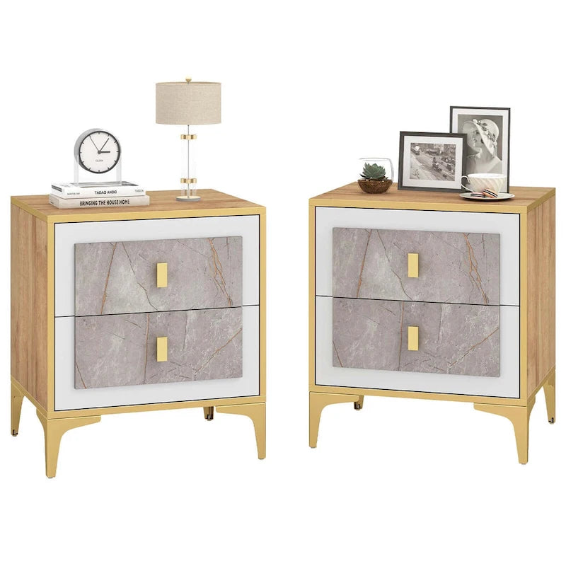 Nightstand with Storage and Faux Marble Surface