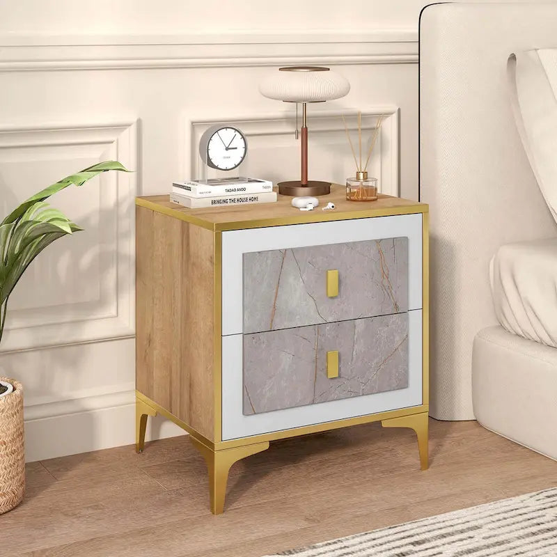 Nightstand with Storage and Faux Marble Surface