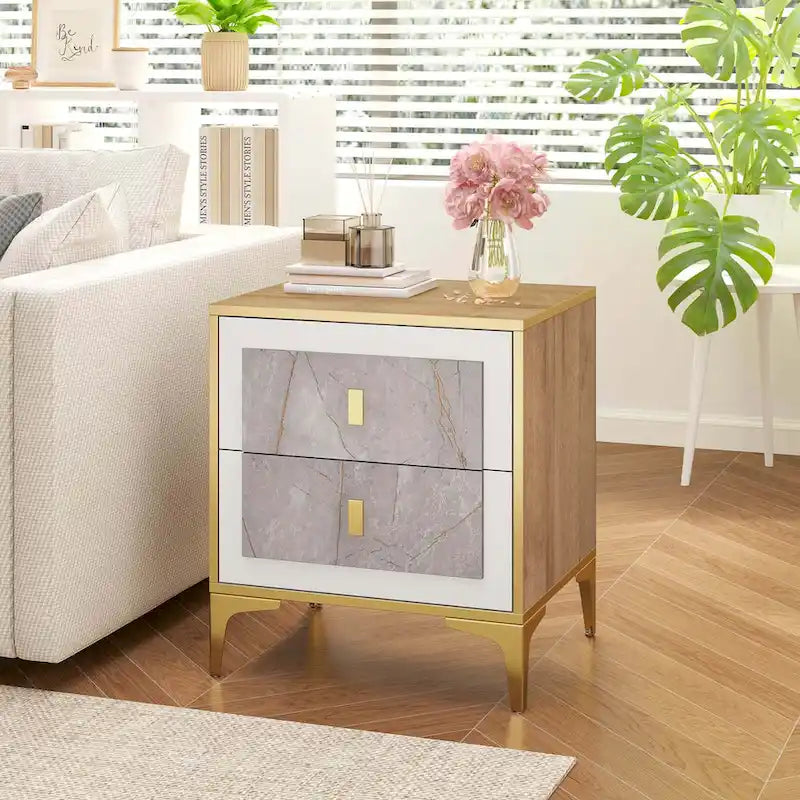 Nightstand with Storage and Faux Marble Surface