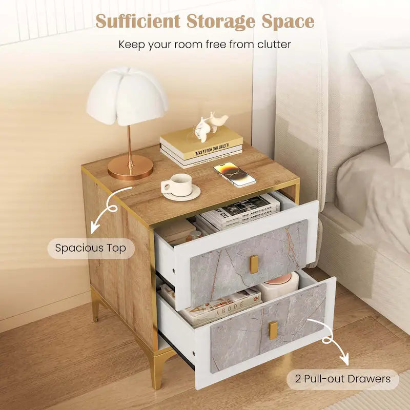Nightstand with Storage and Faux Marble Surface