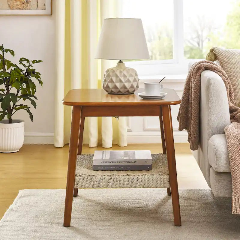Mid-Century Square Side Table with Woven Shelf Walnut