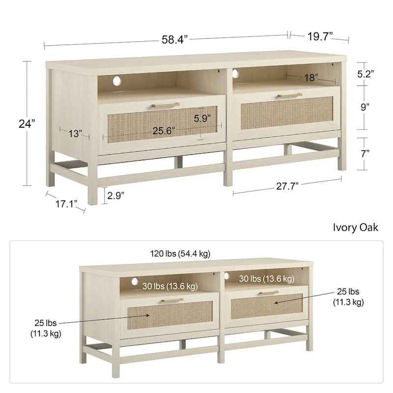 TV Stand for TVs up to 60 Inches with Faux Rattan Drawers